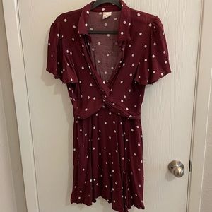 Maroon polka dot dress.